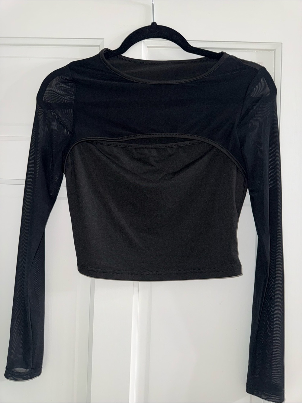 Black Long-Sleeve Mesh Detail Crop Top - Women